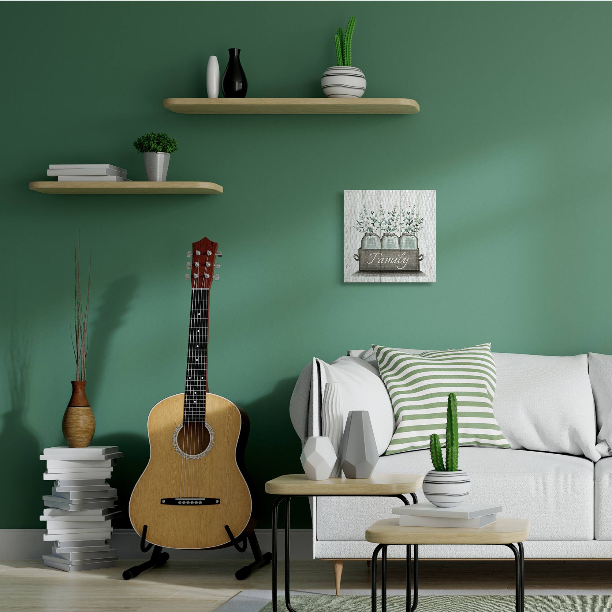Stupell Industries Green Eucalyptus Foliage Jars with Family Sentiments Canvas Wall Art